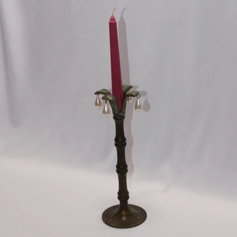 Brass Taper Candlestick w/Patina and Teardrop Pearls